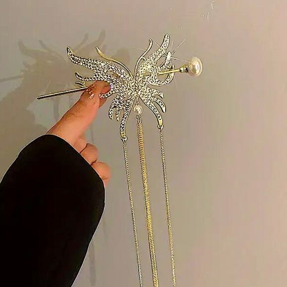 Rhinestone Gold Butterfly Hair Stick Chopsticks Hair Accessory - Picture 2 of 7